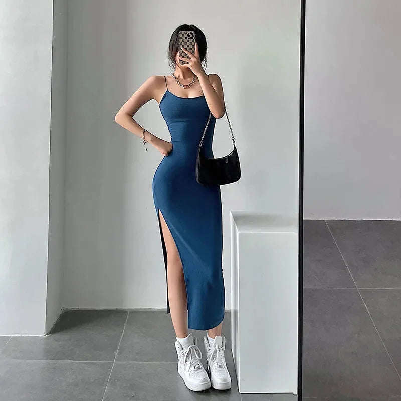 Rimocy Sexy High Split Long Dress for Women Summer Sleevless Backless Bodycon Dress Woman Vacation Beach Spaghetti Strap Dresses