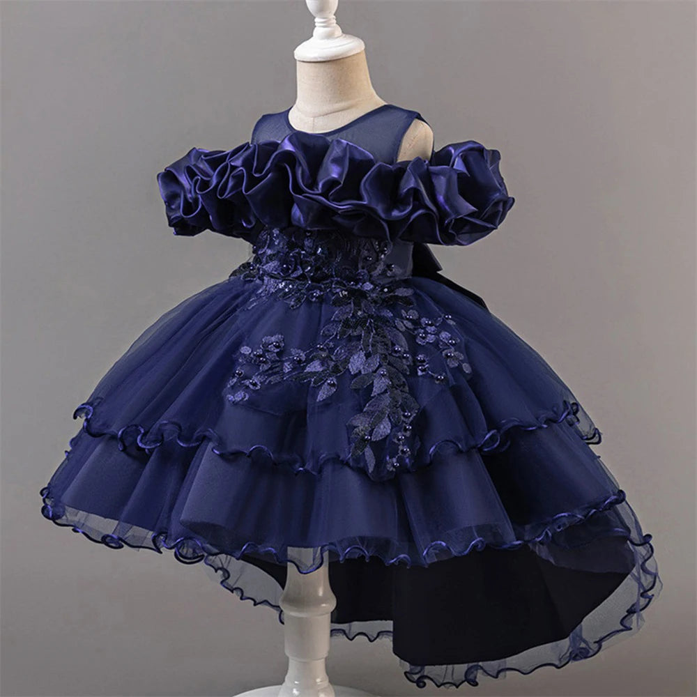 Fashion Pink Flower Girl Party Dresses Wedding Birthday Tulle Princess Dress for Kids Graduation Pageant Bridesmaid Kids Costume