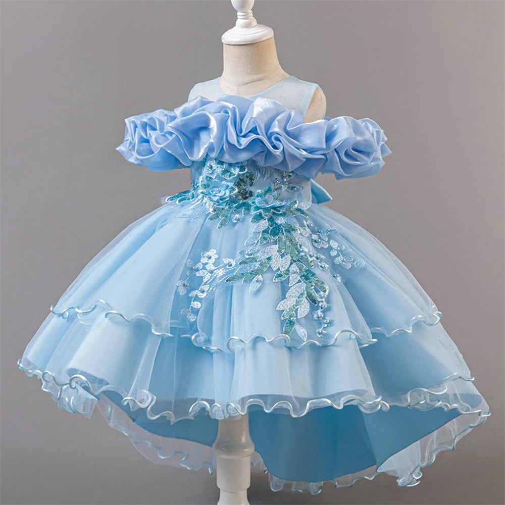 Fashion Pink Flower Girl Party Dresses Wedding Birthday Tulle Princess Dress for Kids Graduation Pageant Bridesmaid Kids Costume